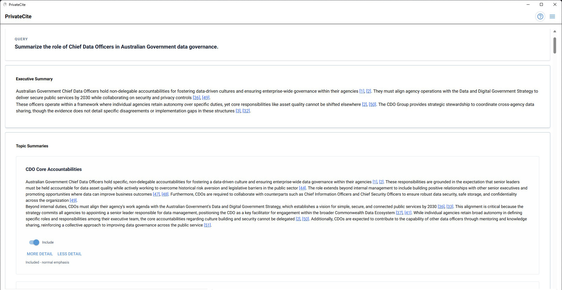 PrivateCite Results Analysis with cited topic summaries and inclusion controls