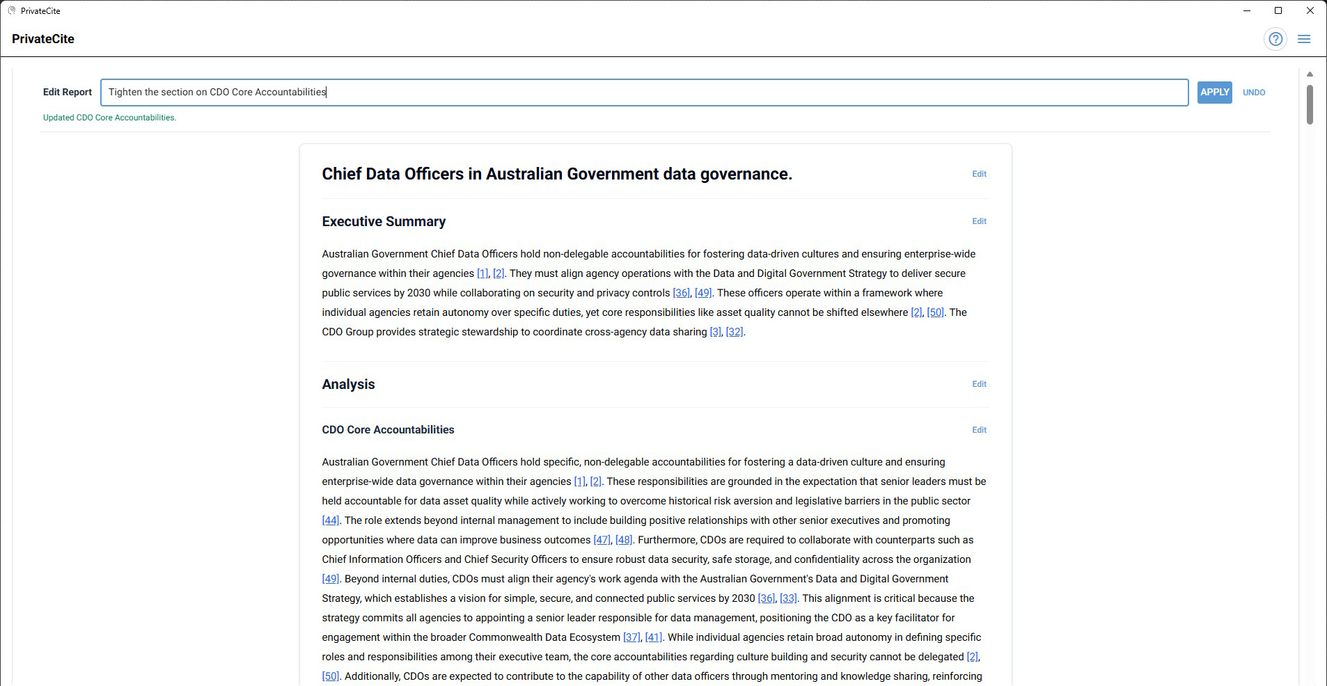 PrivateCite Report Editor with a targeted edit instruction and cited report