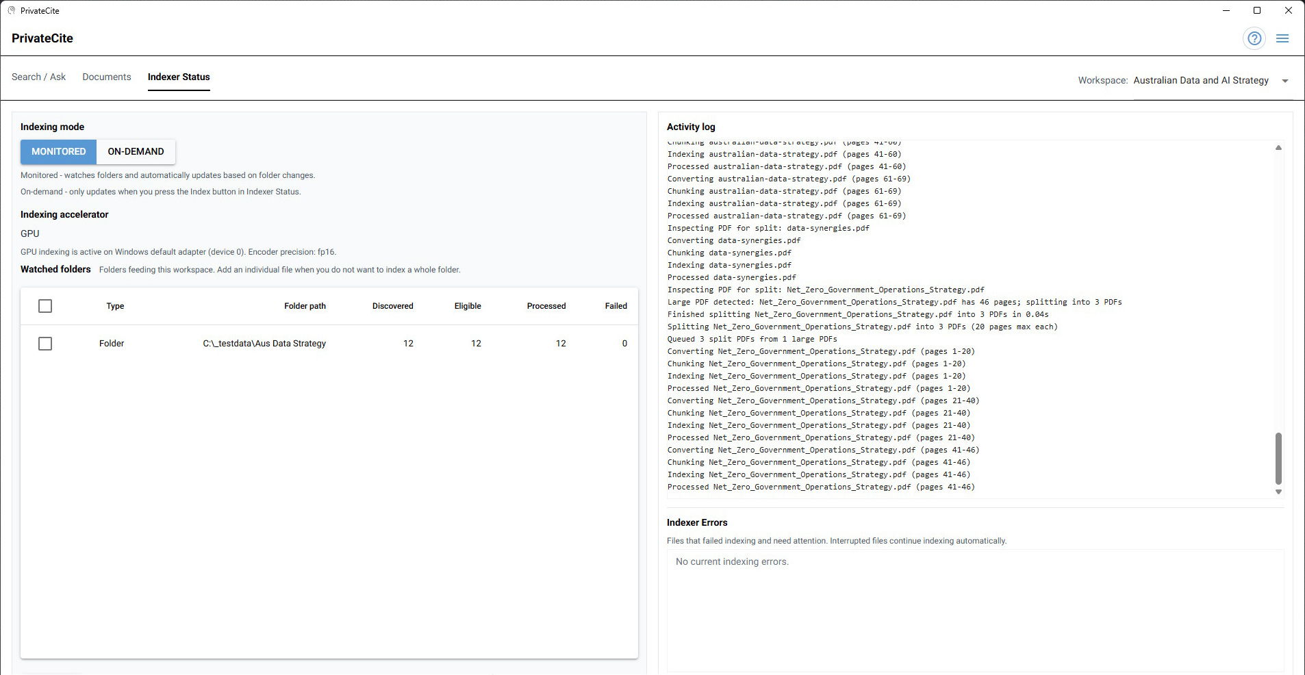 PrivateCite indexing status for a watched document folder